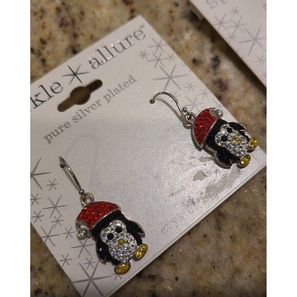 3 Pair Sparkle Allure Silver Plate Crystal Christmas Earrings Penguin Tree Santa - Picture 4 of 8